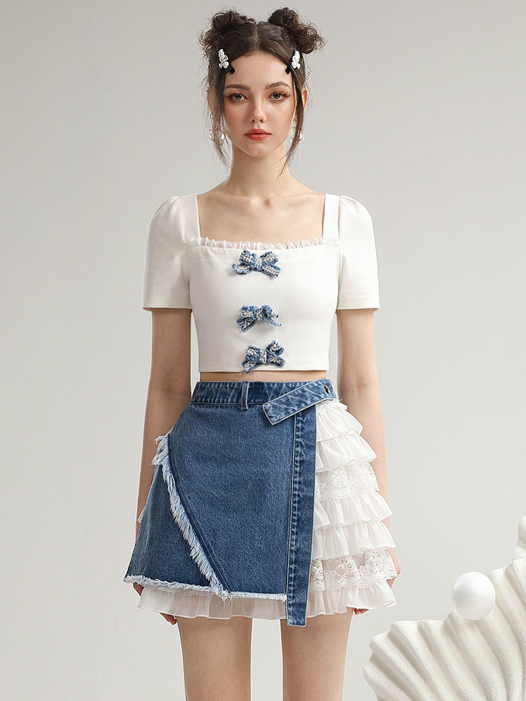 Set-Up Ribbon Lace Tiered Cake Casual Short-Tops＆Mini-Skirt