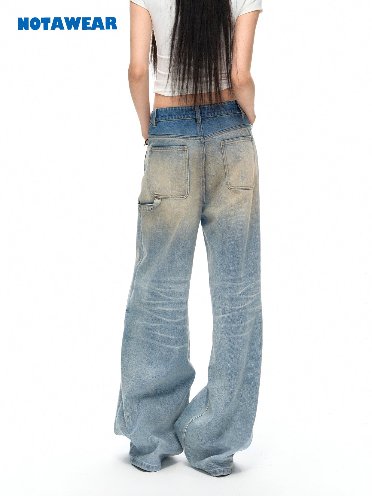 Damage Crush Straight Loose Wide Faded Denim-Pants