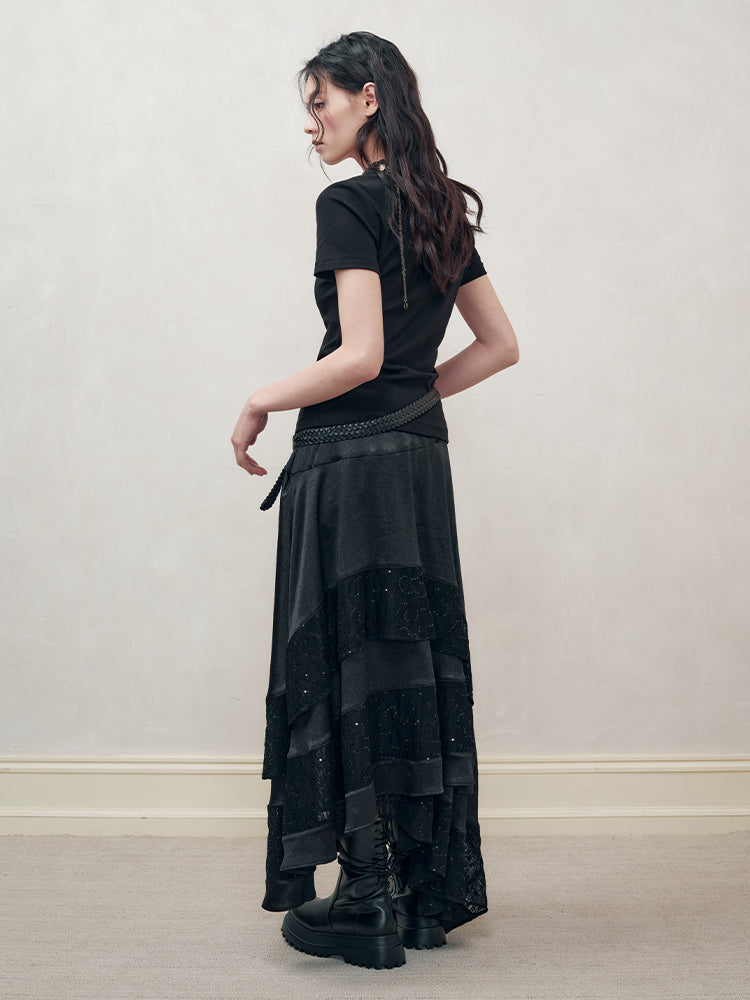 Lace Asymmetry Sequins Flare A-Line Ling-Skirt