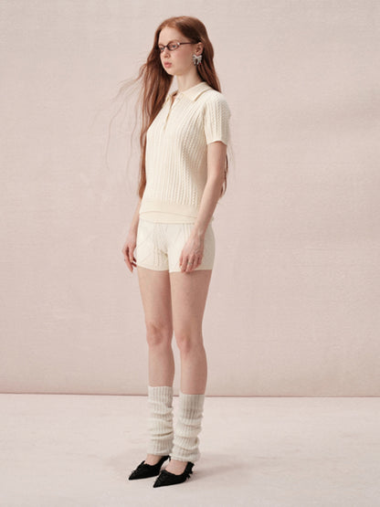 Cable-Knit Polo-Neck Casual Relax Set-Up Tops＆Short-Pants