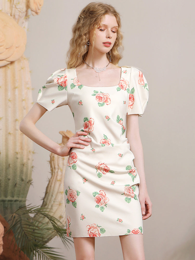 Rose Classy Feminine Dress Puff-Sleeve One-Piece