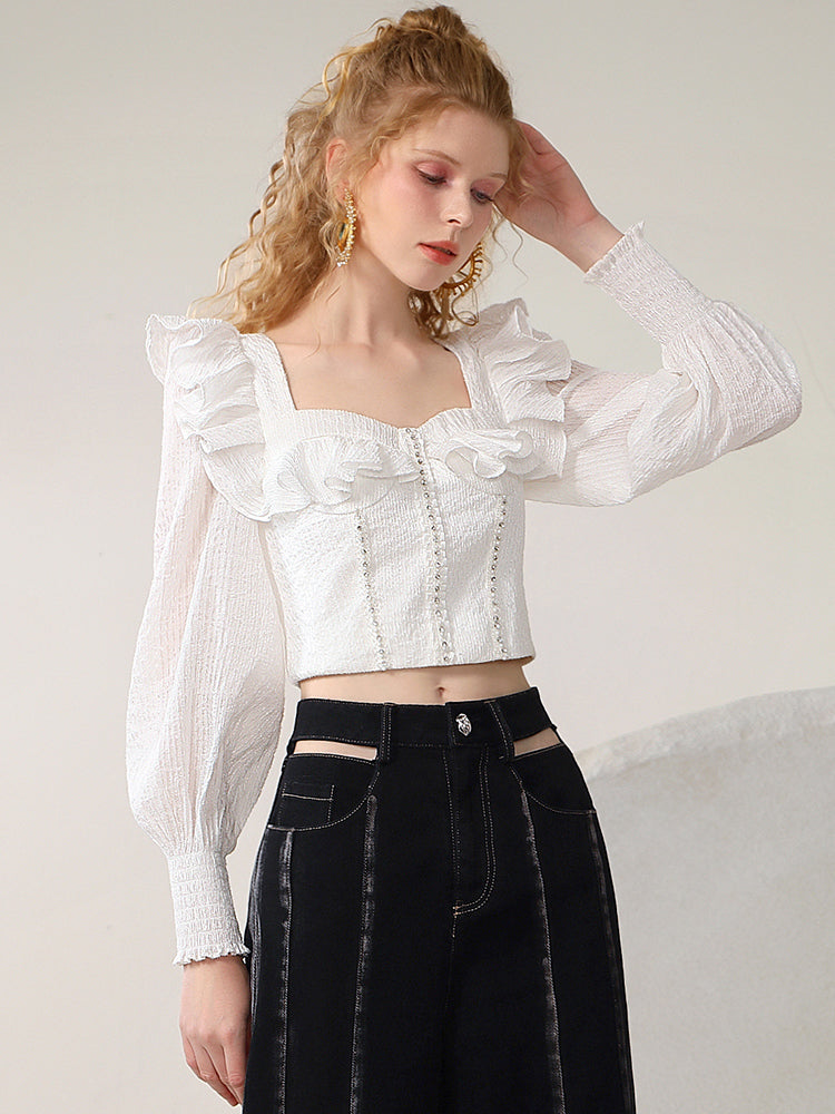 Back-Open Short Frill Girly Cute Bijou Balloon-Sleeve Blouse