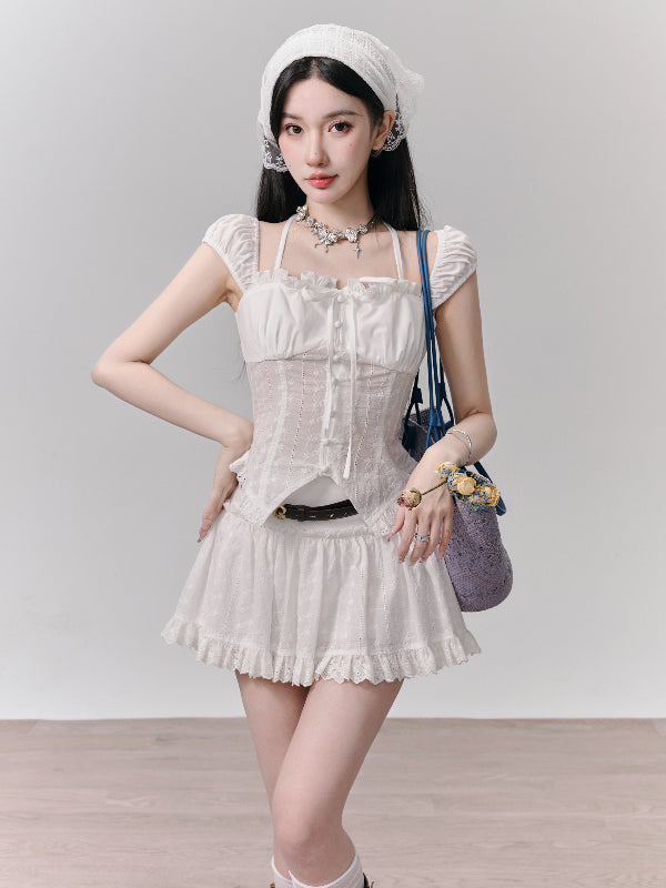 Set-Up Thin Lace Ribbon Feminine Slim Blouse＆Mnini-Skirt