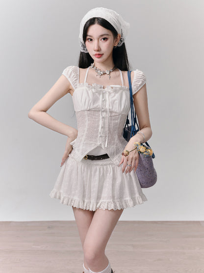 Set-Up Thin Lace Ribbon Feminine Slim Blouse＆Mnini-Skirt