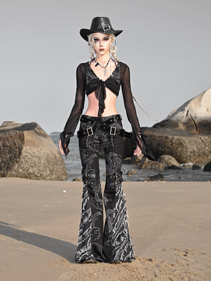 Belt Embroidery Denim Tassel Flare-Pants