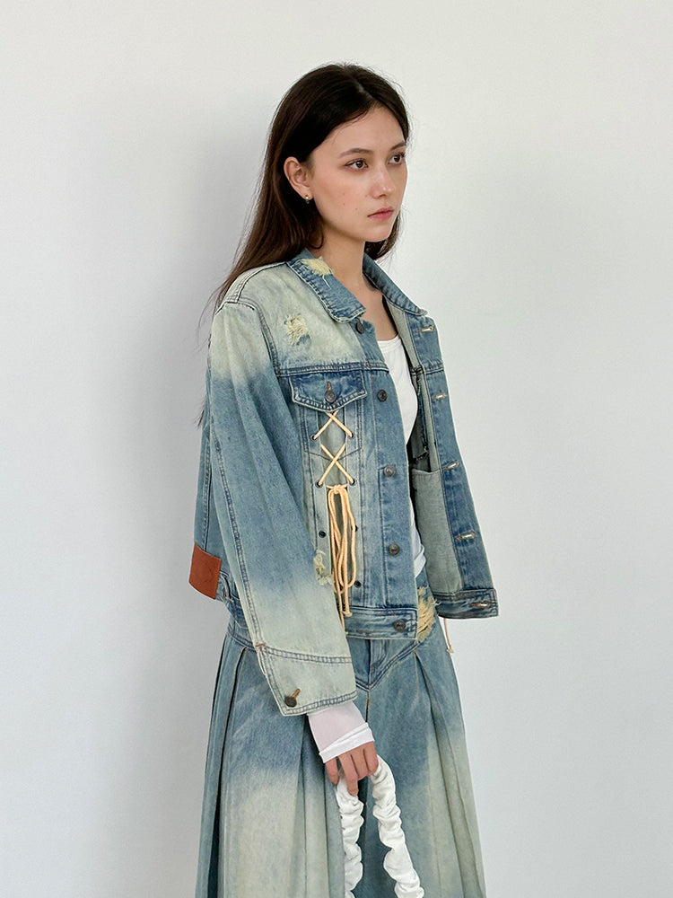 Gewaschener Schnür-up Nichi Vintage Casual Denim-Jacket