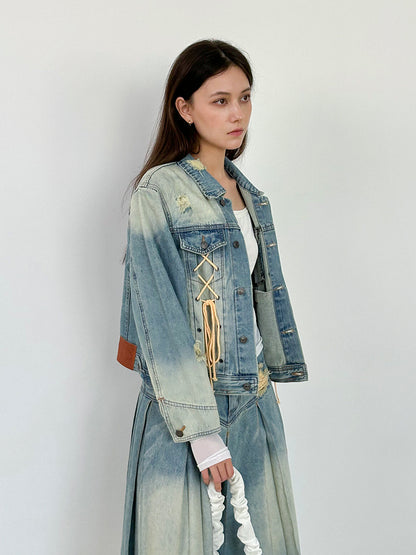 Washed Lace-Up Nichi Vintage Casual Denim-Jacket