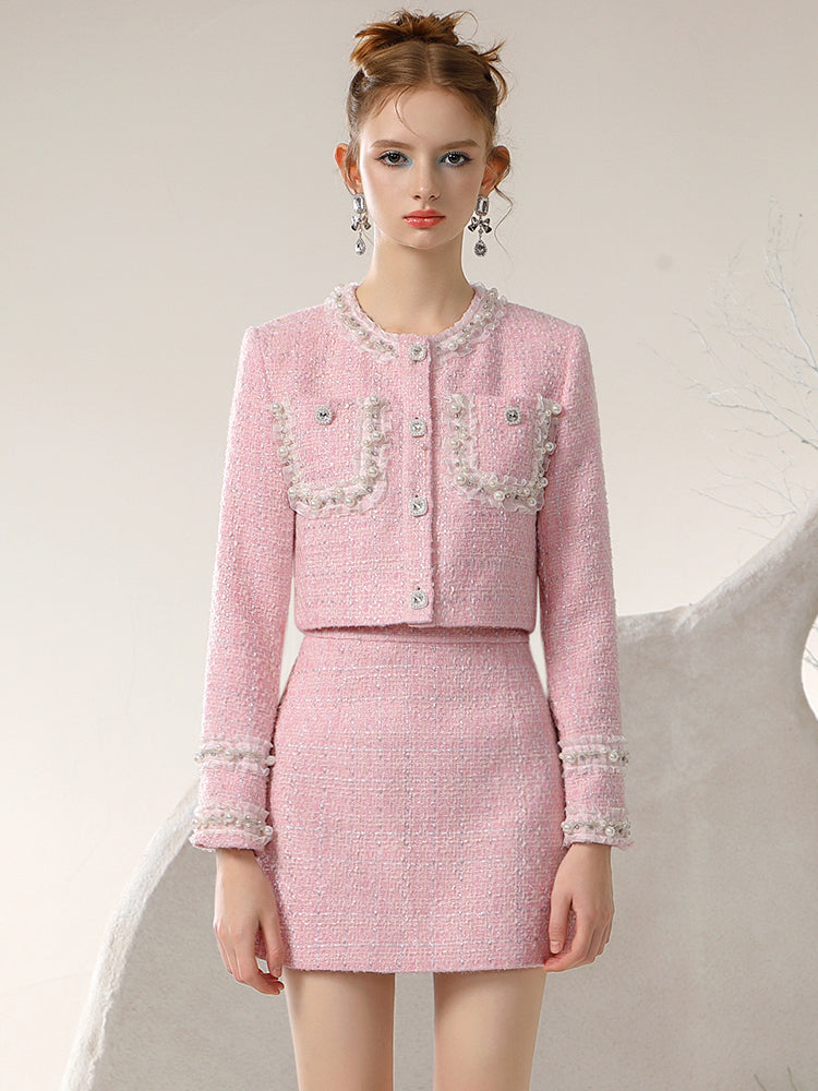 Jacket＆Mini-Skirt Tweed Suit Feminine Lace Pearl Frill Set-Up