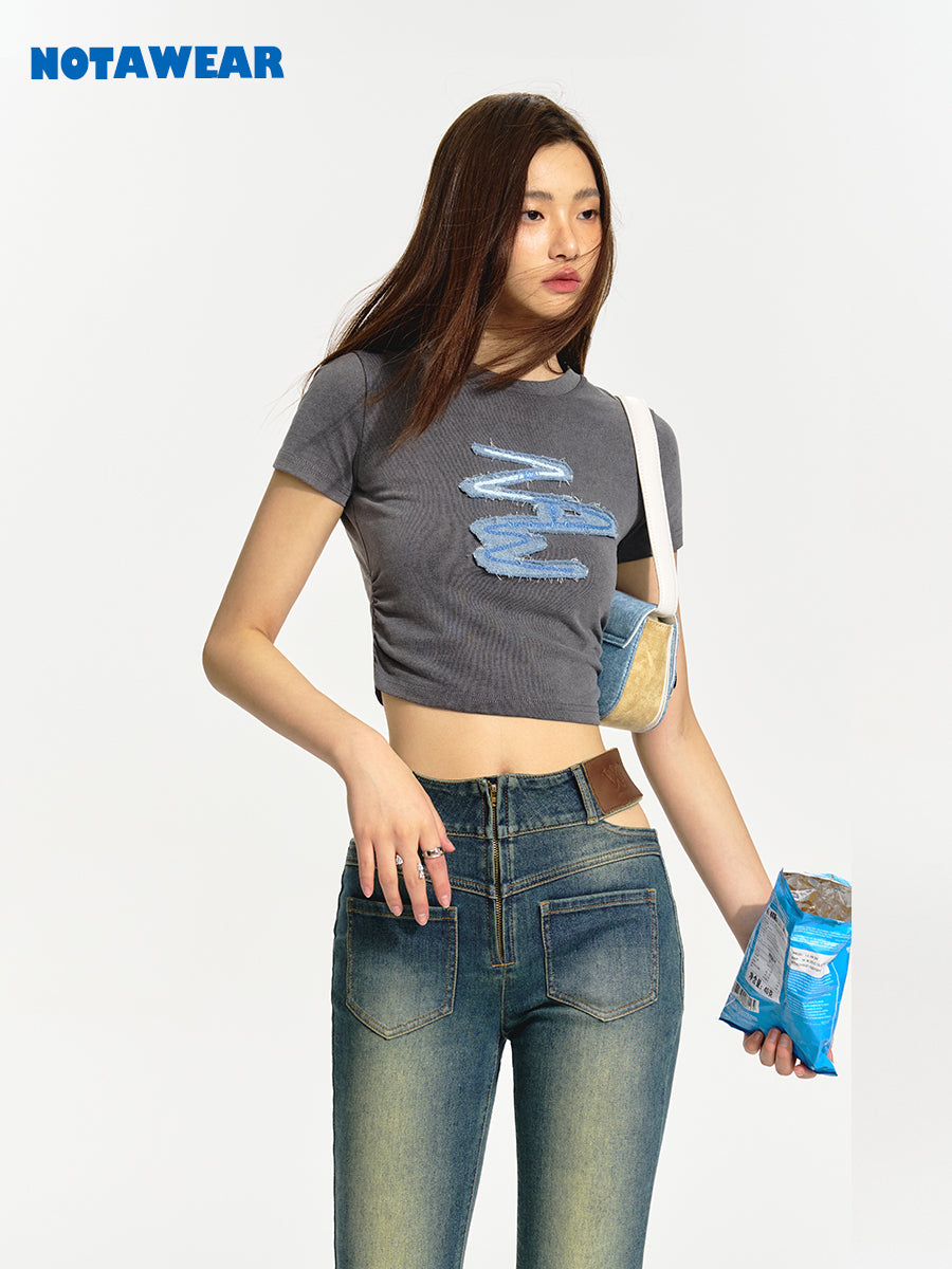 Cropped Casual Crew-Neck Patch Print-T-Shirt