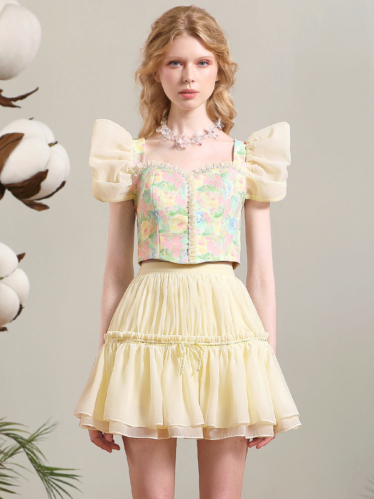 Blouse＆Mini-Skirt Flower Frill Tiered Retro Set-up