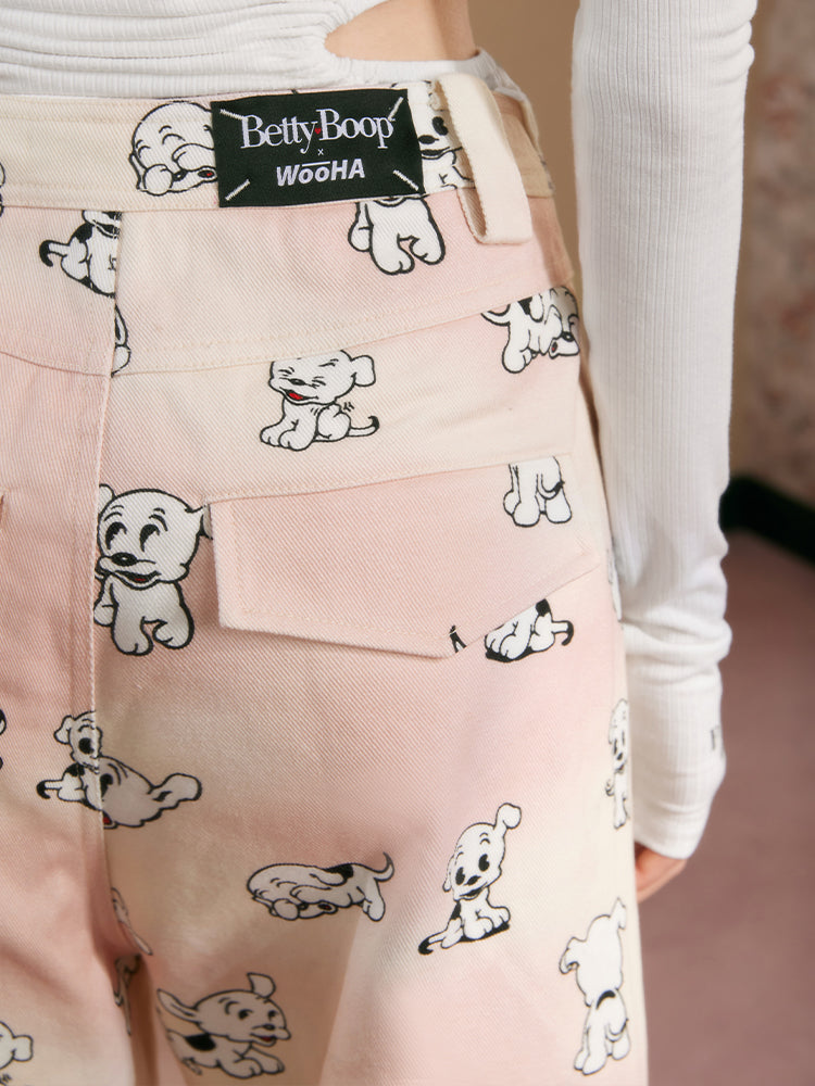 Dog Animal Wide-Leg High-Waist Girly Pants