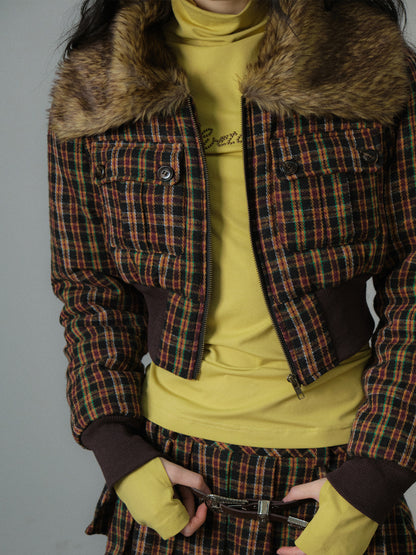 Fur Checked Letaher Short Retro Jacket