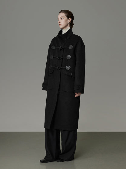 Wool Long Simple Stand-Collar Duffel-Coat