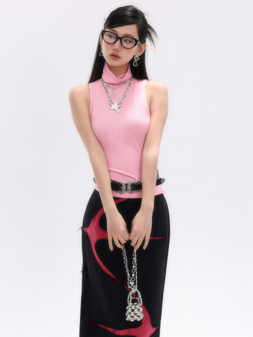 High-neck Sleeveless Simple Belt Cutsew