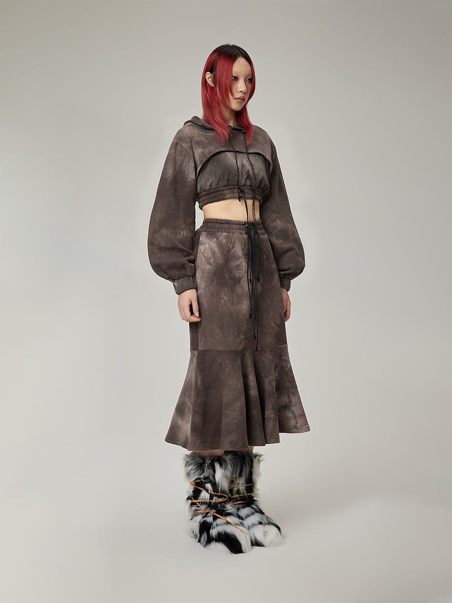 Mermaid Tiered Tie-Dye Drawstring Parka＆Long-Skirt