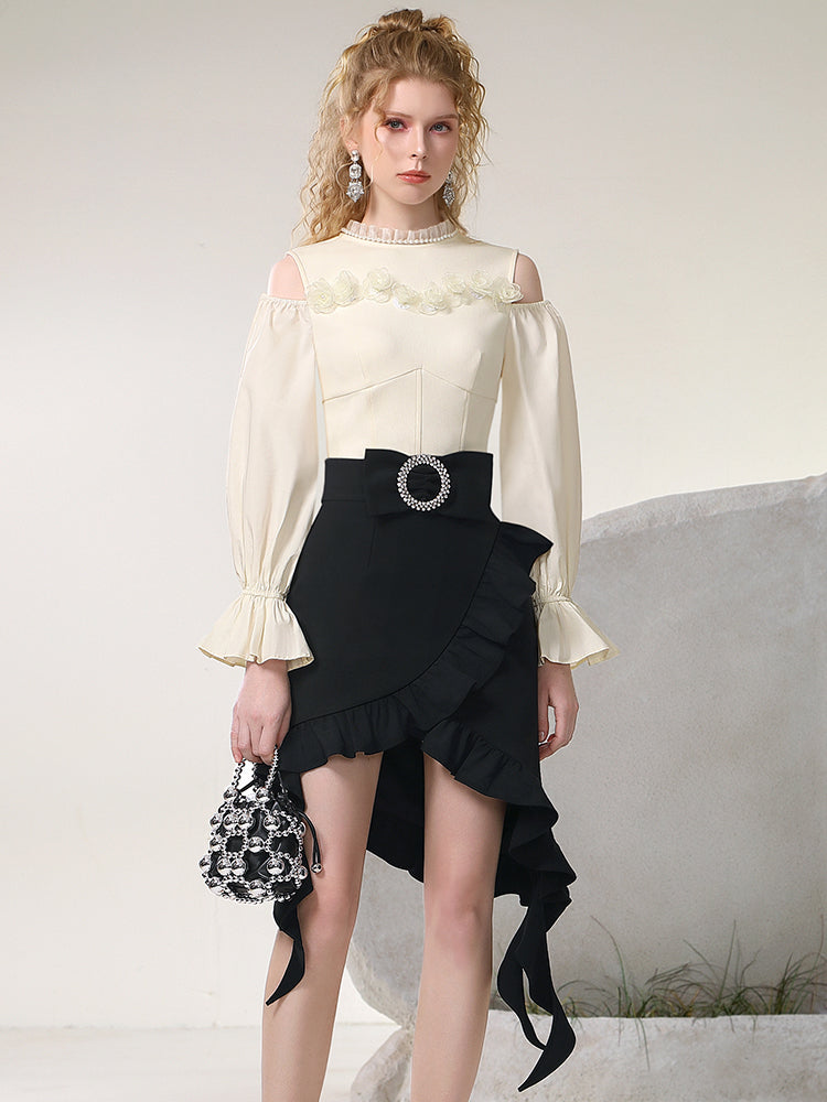 Asymemtry Open-Shoulder Chic Ruffle Candy-Sleeve Blouse＆Skirt