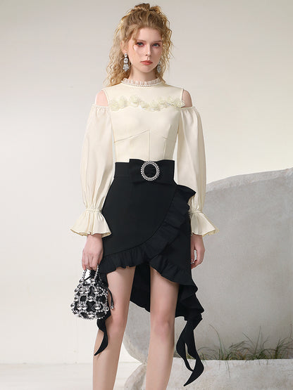 Asymemtry Open-Shoulder Chic Ruffle Candy-Sleeve Blouse＆Skirt