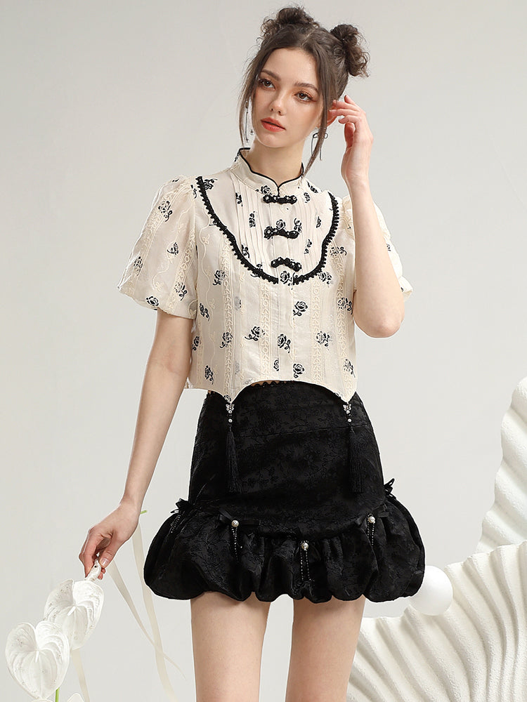 Tassel Flower China Embroidery Ribbon Blouse