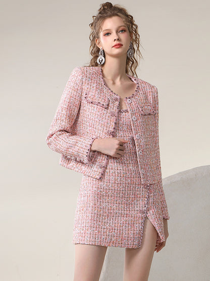 Classy Formal Tweed Elegant Short No-Collar-Jacket