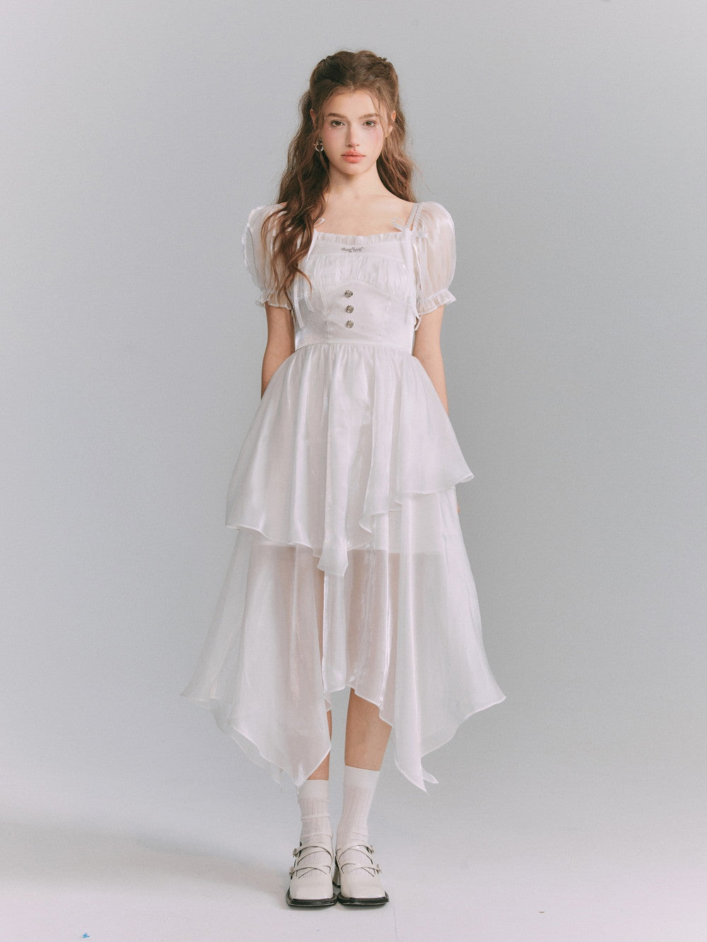 Sheer Puff-Sleeve Tiered Asymemtry Long One-Piece