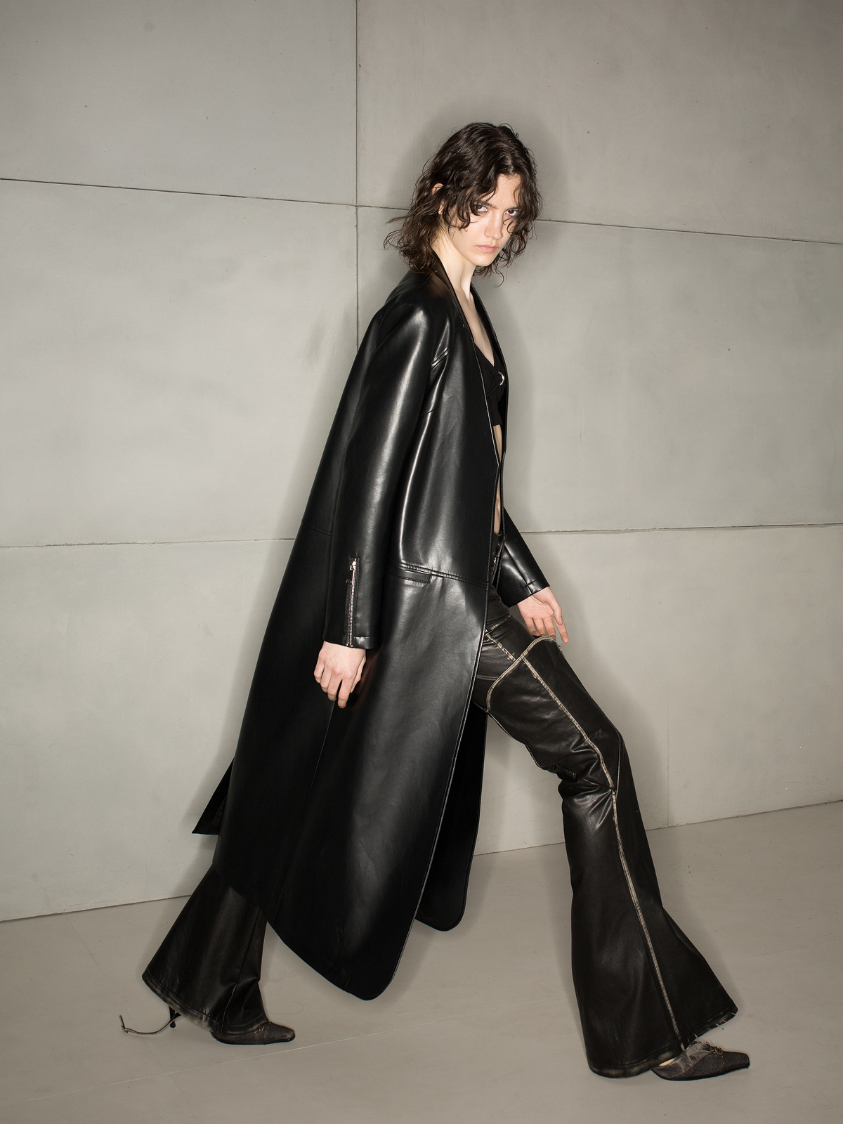 Leather Cool No-Collar Smooth Long-Coat