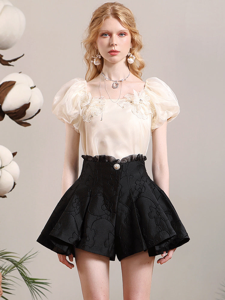 Puff-sleeve Ciffon Flower Classy Blouse