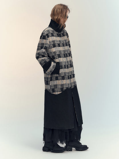 Patchwork Retro Stand-Collar Coat Long-Jacket