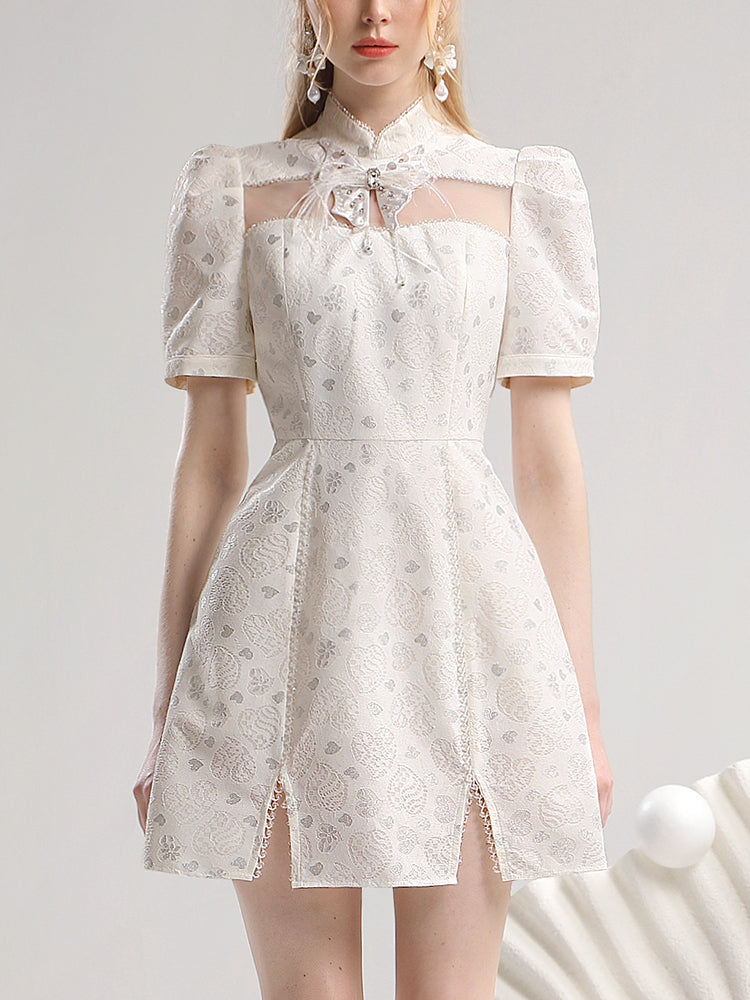 Flare Slit Flower Sheer Ribbon Mao-Collar Elegant Dress