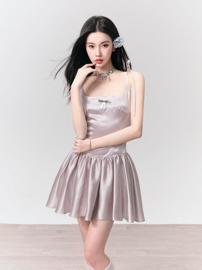 Shiny Shoudler-Ribbon Pleats Flare Plain One-Piece