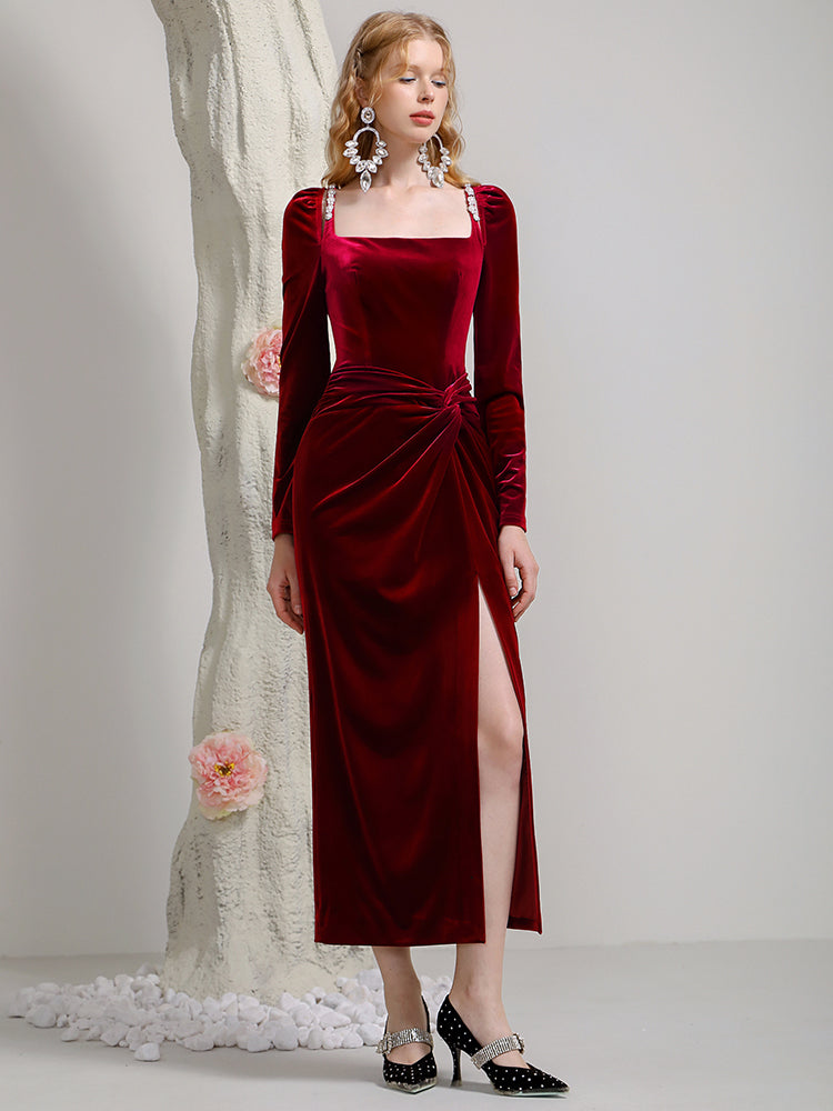 Velvet Formal Slit Ling Drape Elegant One-Piece