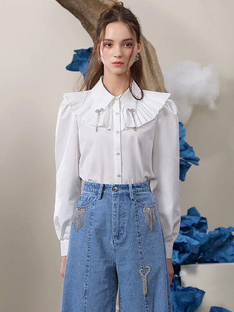 Pleats-Collar Ribbon Bijou Cute Blouse