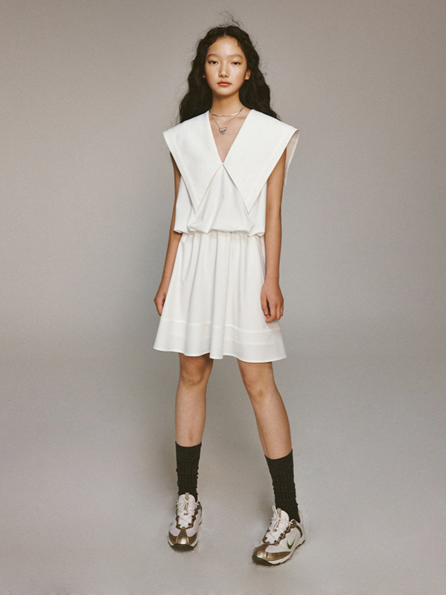 Sailor-Collar Big-Collar V-Neck Loose No-Sleeve Short Chic One-Piece