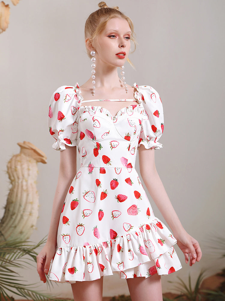 Strawberry Frill Asymmetry Fluffily Puff-Sleeve Cute One-Pieec