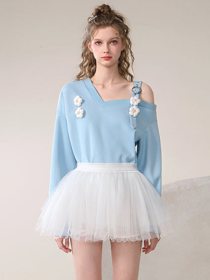 Set-up Sweat Opne-Shoulder Rose Belt Cute Pullover＆Tulle-Skirt