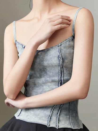 Camisole serrée rétro en denim fané