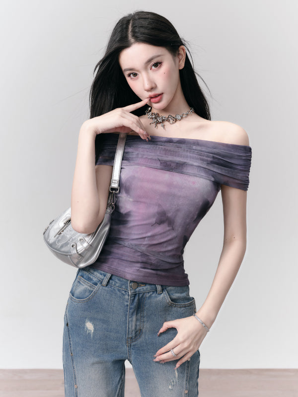 Off-Shoulder Mesh Marble Dark Chic Mesh-Tops