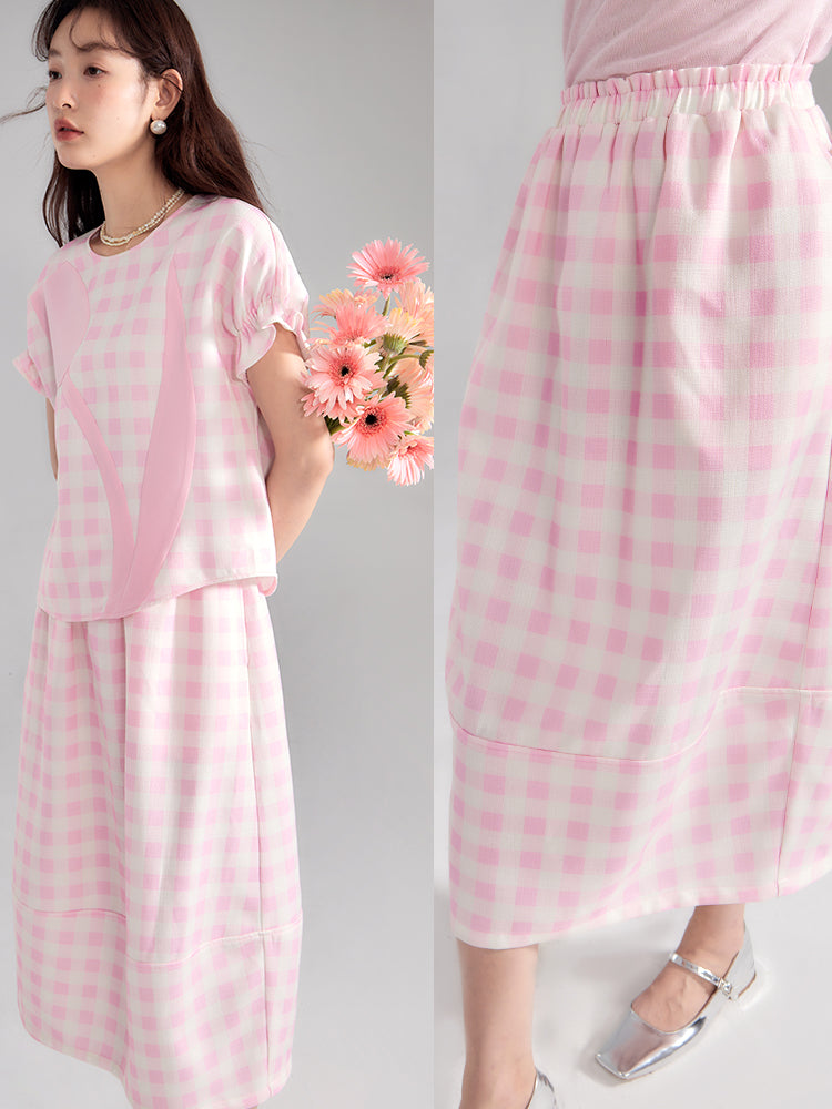 Checked Tulip Girly Candy-Sleeve Blouse &amp; Long-Skirt