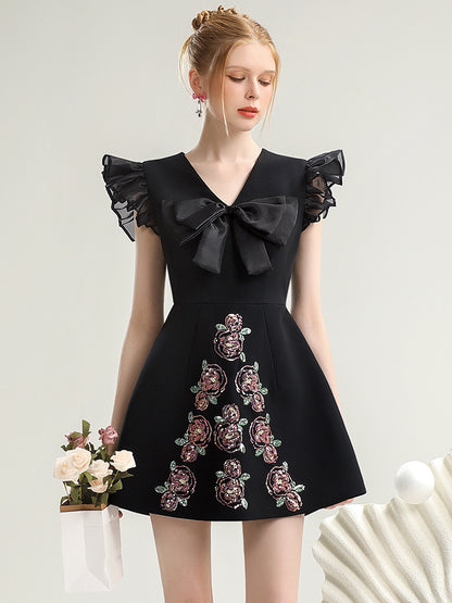 Flower Embroidery Flare Ribbon Frill Sweet Dress