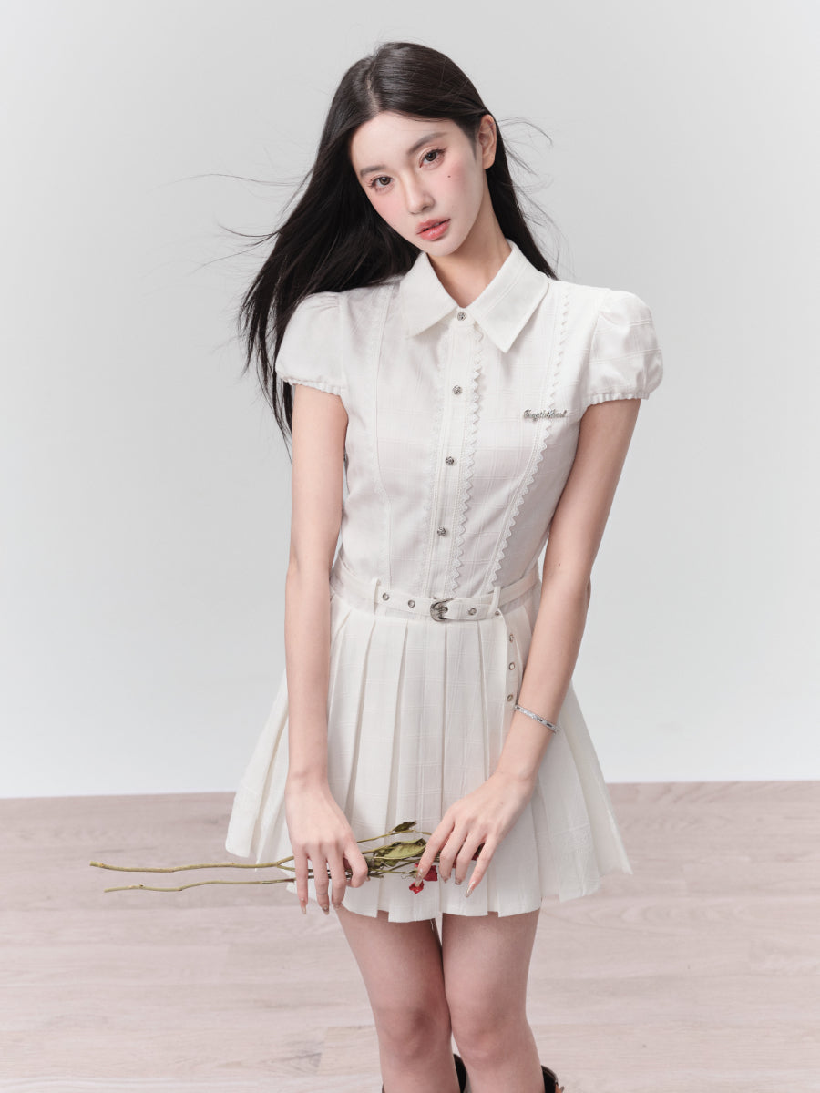 Puff-Sleeve Belt Lace Short Pleats Shirt-One-Piece