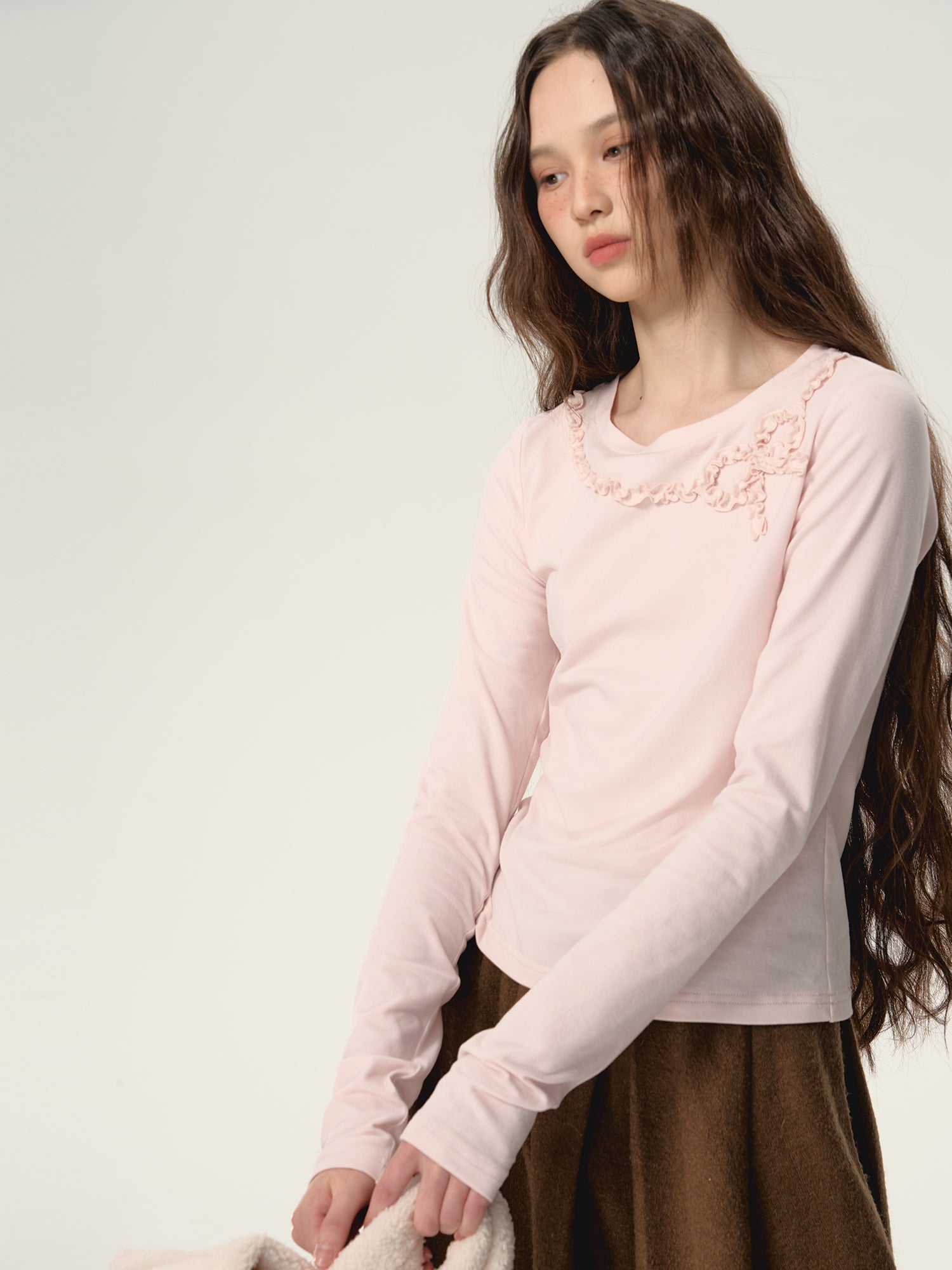 Ribbon Frill Round-Neck Natural Simple Cutsew