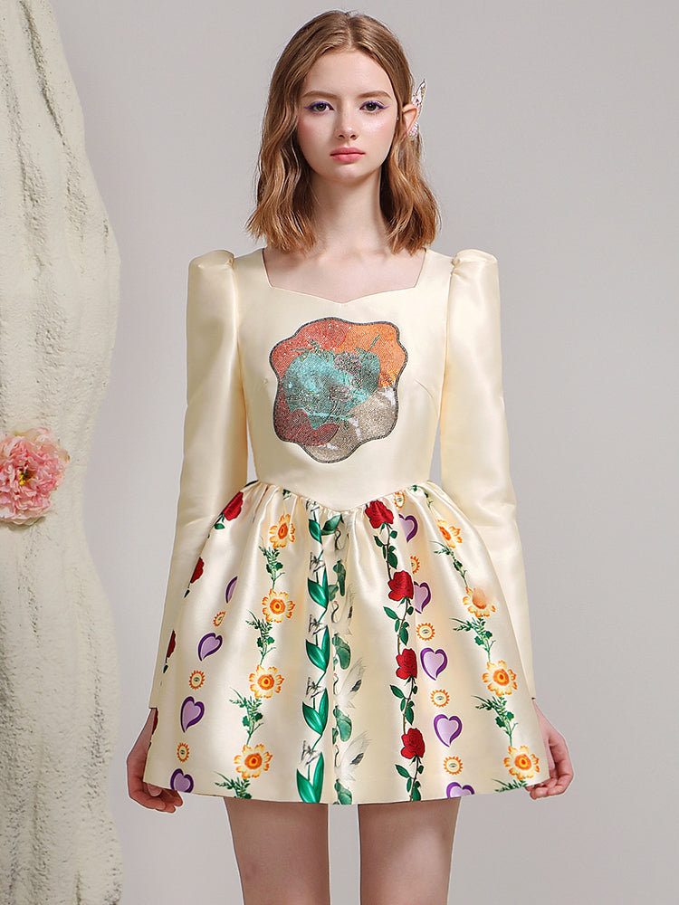 Retro Unique Glossy Fluffily Modern Flare Heart Flower One-Piece ...
