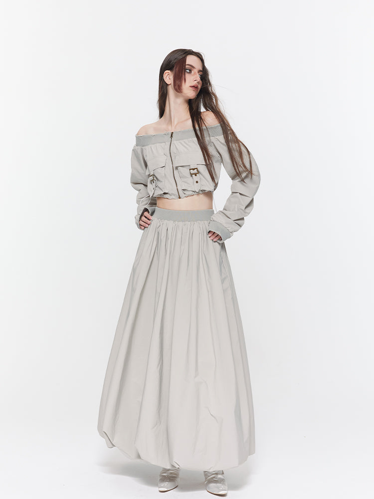 Off-Shoulder Damage Balloon Toops&amp;Long-Skirt