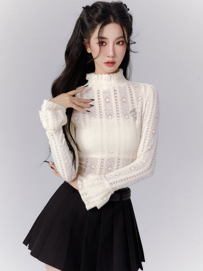 Flower Sheer High-Neck Flare-Sleeve Cute Knit