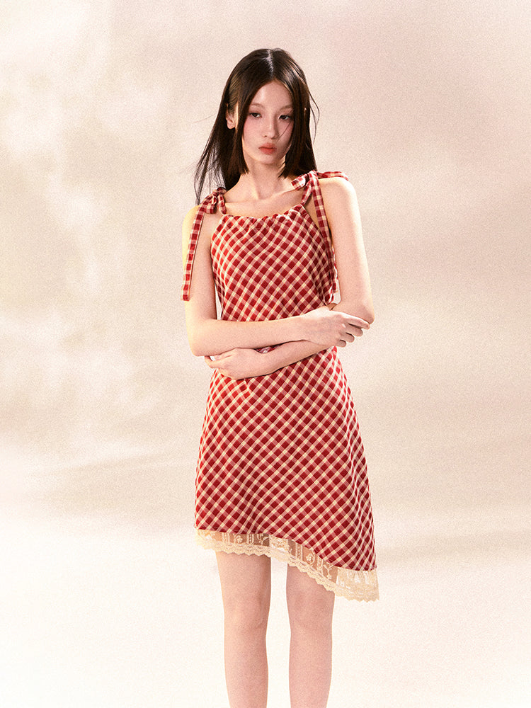 Checked Girly Asymmetry Lace Shoulder-Ribbon Dress