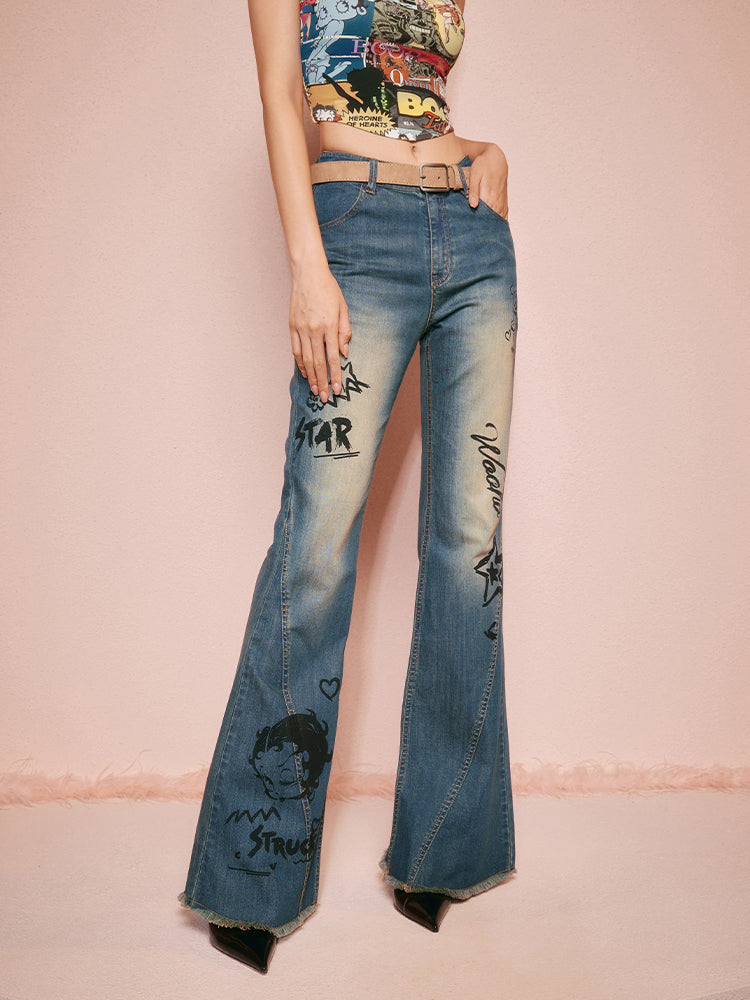 Betty Denim Casual Faded Strait Flare-Pants