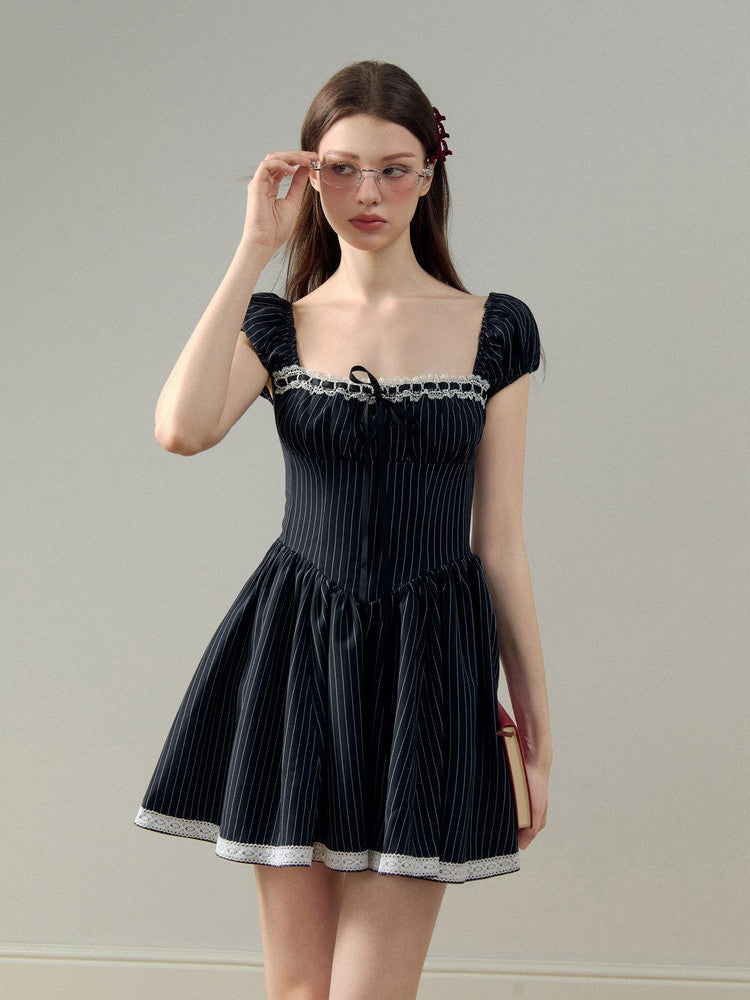 Stripe Square-Neck Puff-Sleeve Lace Girly Flare Dress