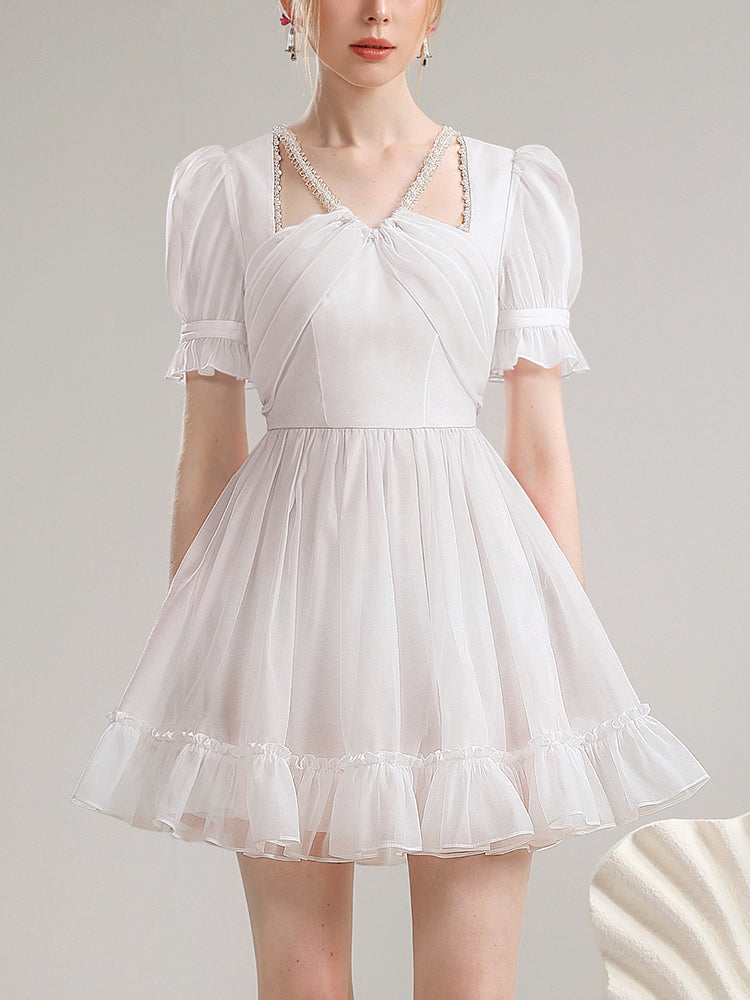 Puff-Sleeve Lace Feminine Falre Tiered Party Short Dress