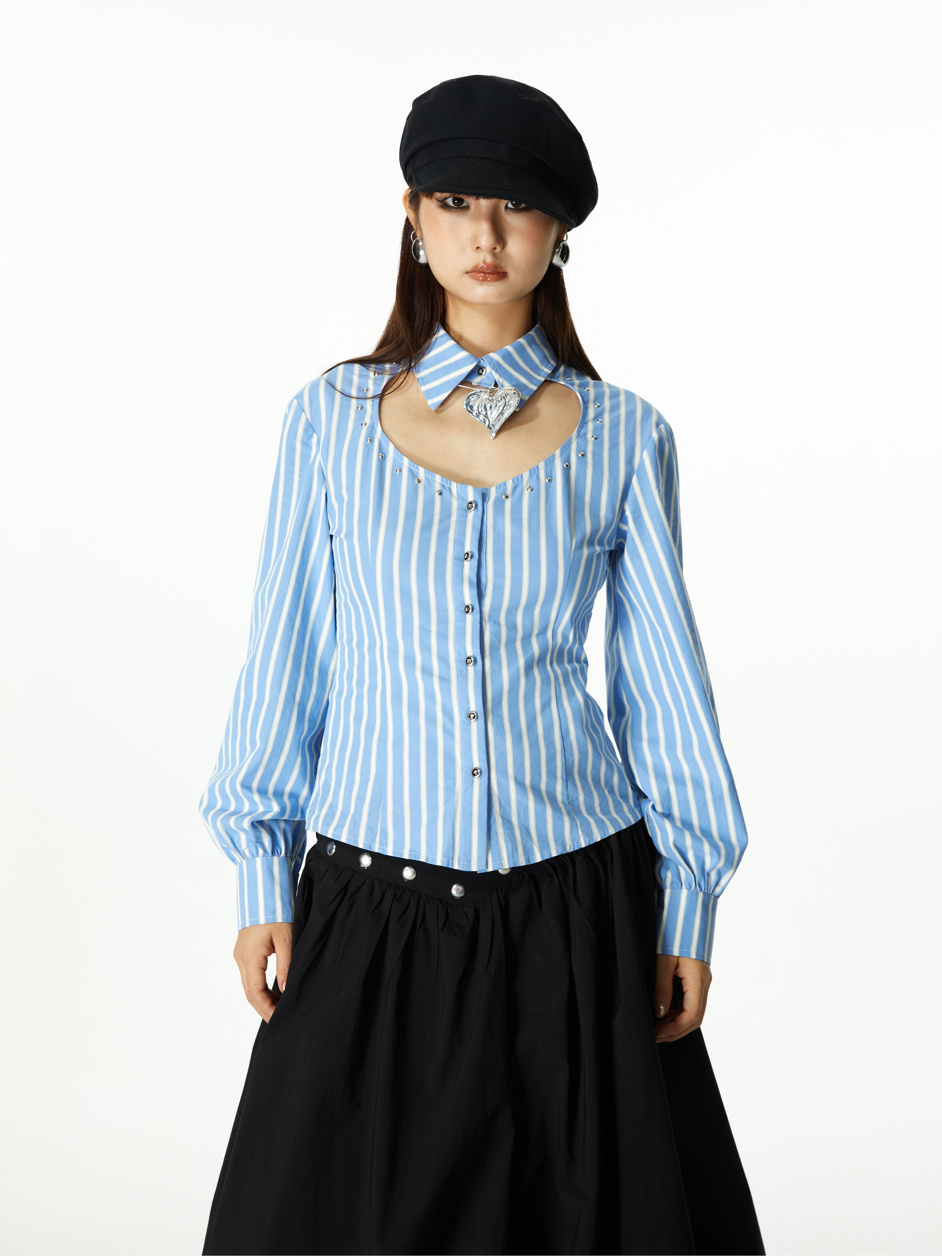 Front-Cut Stripe Balloon-Sleeve Blouse