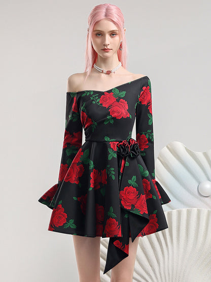 Off-Shoulder Rose Flower Flare-Sleeve Elegant One-Piece