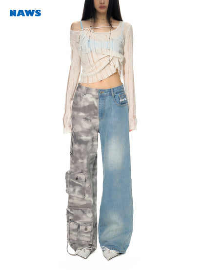 Mix Denim Unique Half-Design Cargo-Pants Wide-Pants